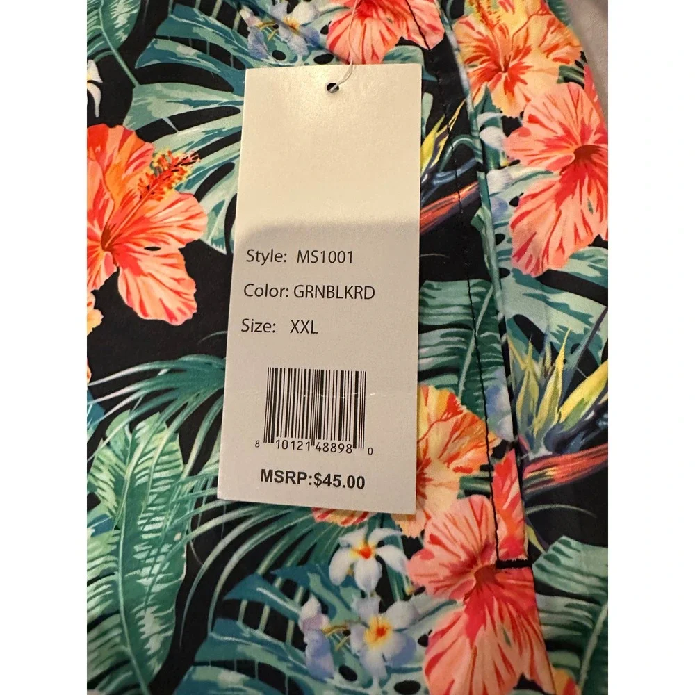 Centro Mens Tropical Floral Swim Trunks XXL Green Black Red Hibiscus MS1001 NEW